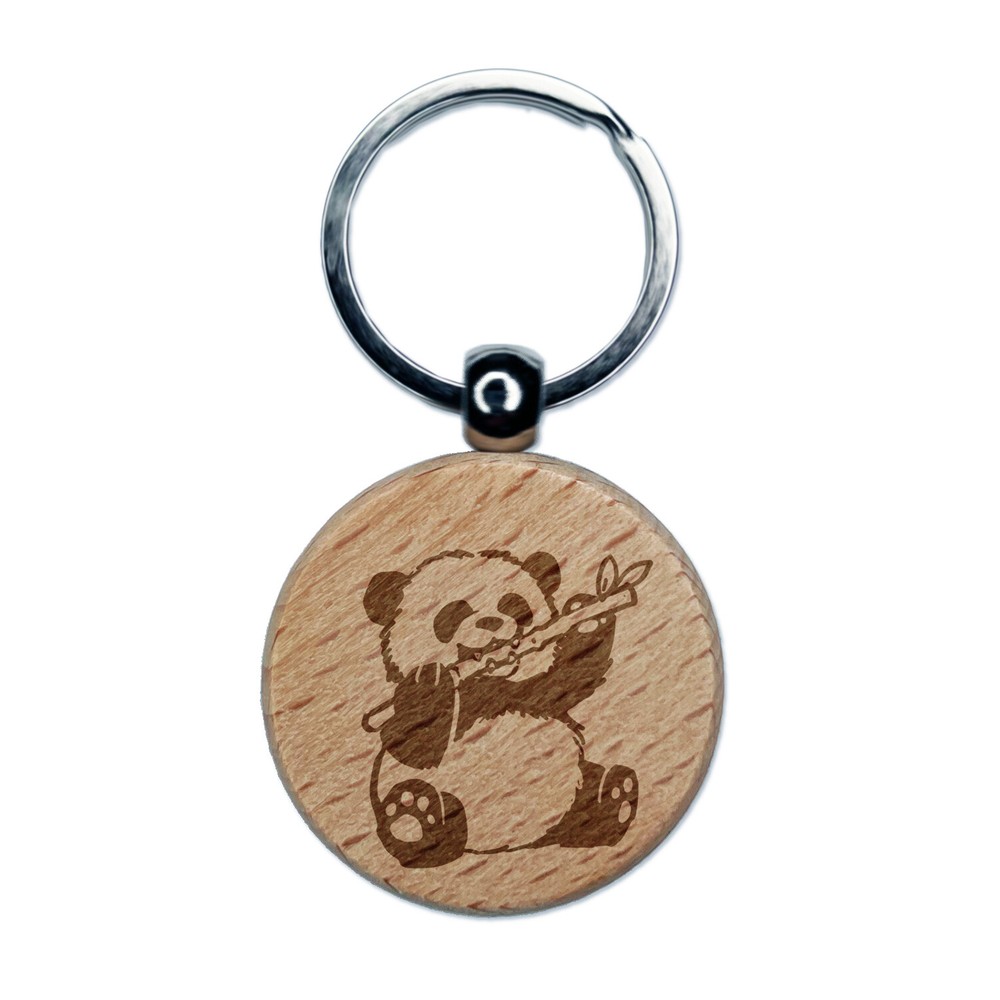 Adorable Panda Cub Eating Bamboo Wooden Round Keychain Charm