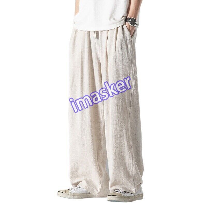 Large Sz Chinese Style Cotton Linen Wide-leg Pants Men Comfortable Trouser Loose