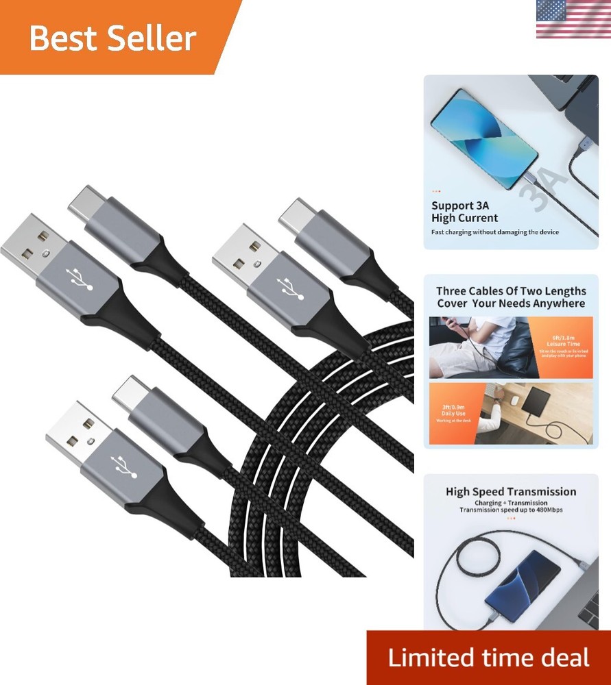 Versatile USB C Charger Cable Bundle - Nylon Braided, Fast Charge (3ft/6ft/6ft)