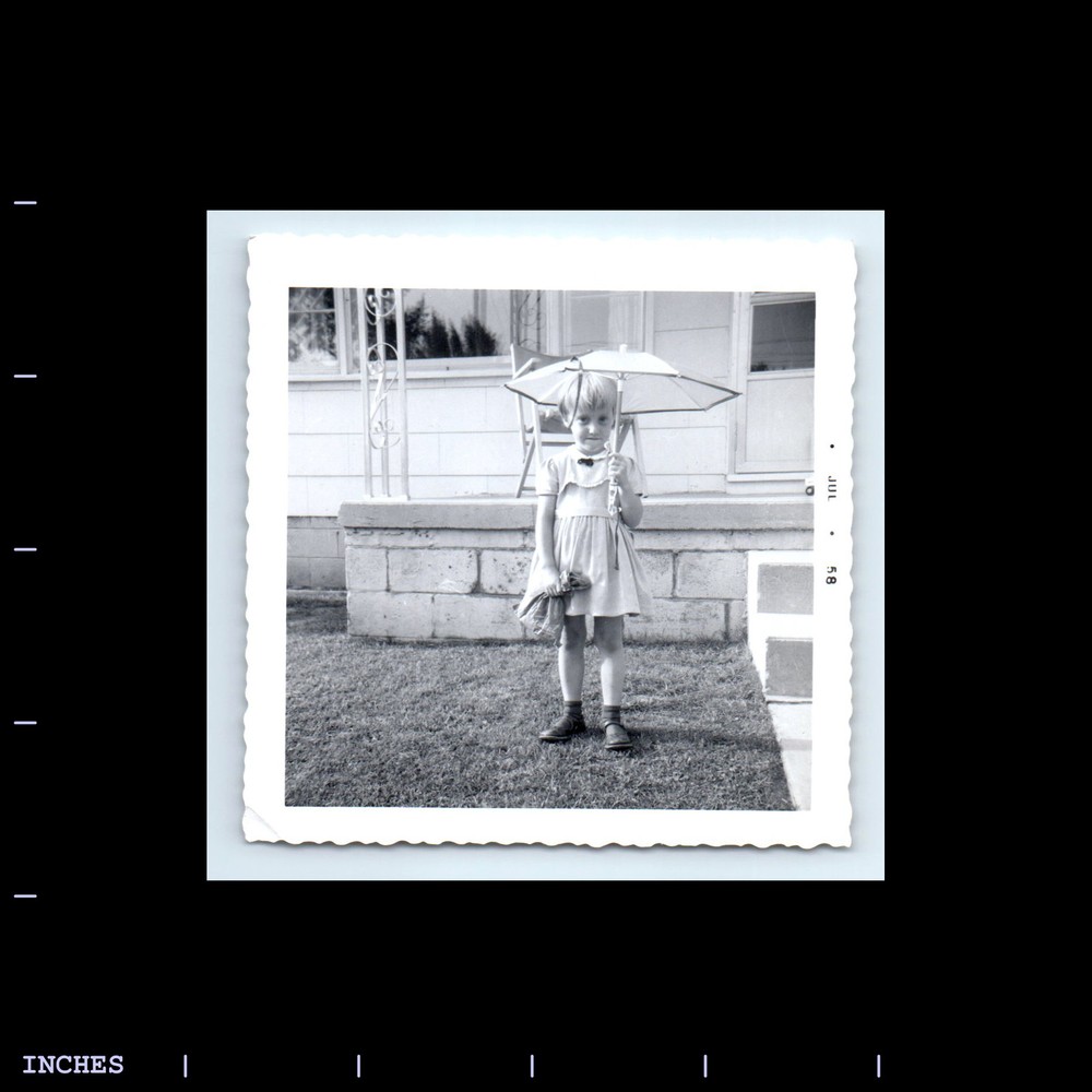 Charming 1958 Vintage Square Photo of Girl Holding Umbrella in Yard