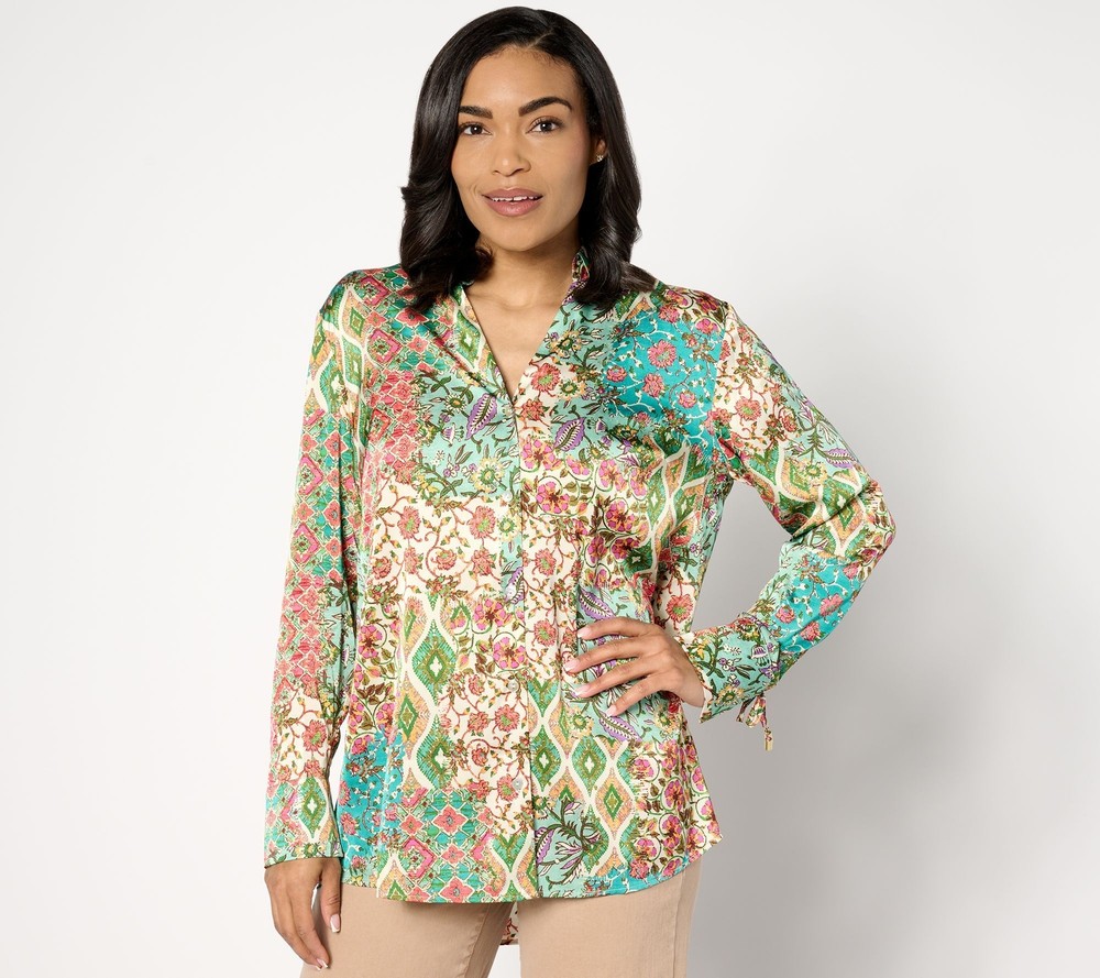 Susan Graver Women's Top Petite PL Printed Stretch Charmeuse Multi-colored