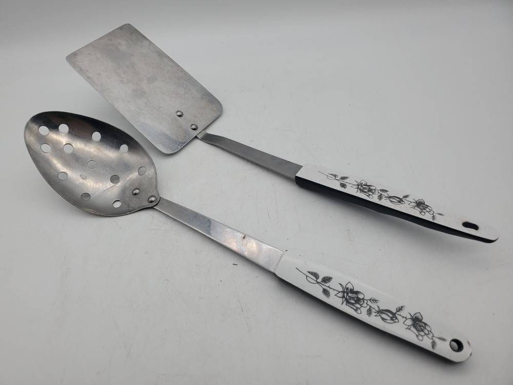 Vintage Stainless Steel Serving Utensils, Spatula & Spoon, Japan, White & Black