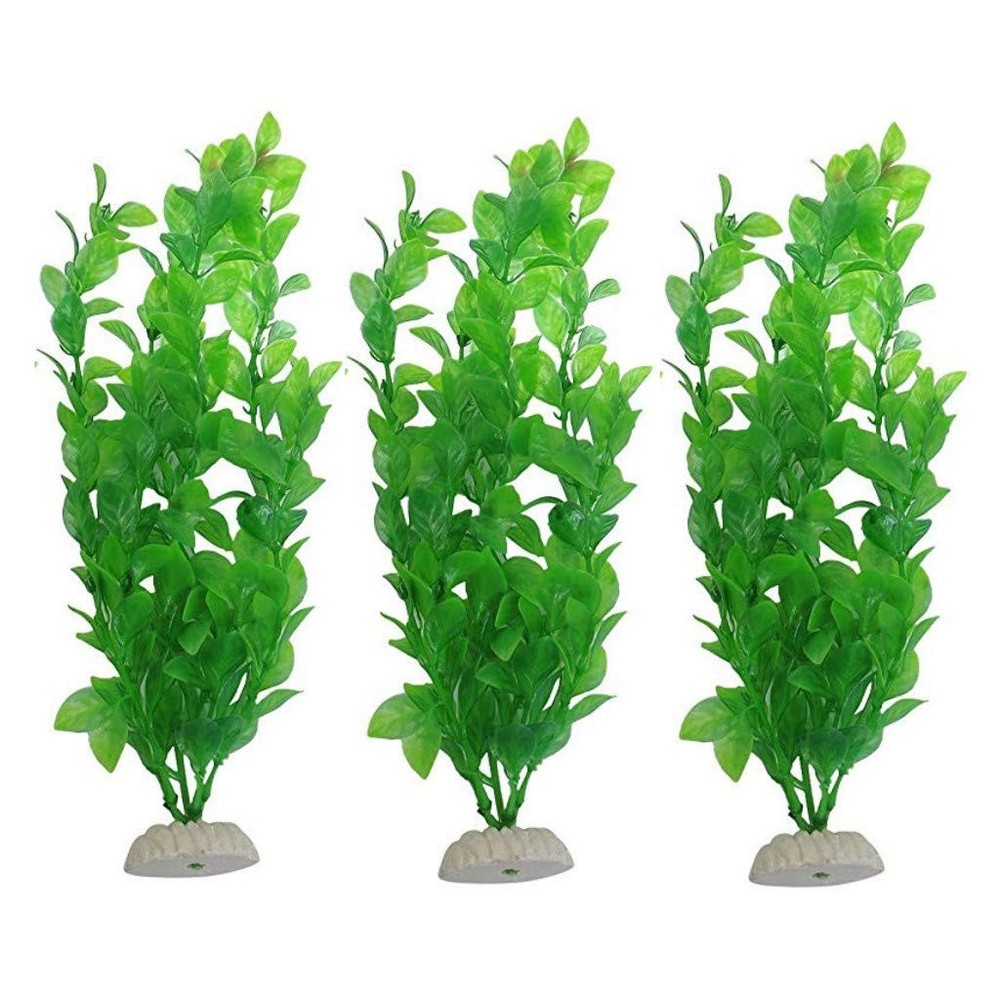 WAF Aquarium Fish Tank Green Plastic Artificial Plants 10.6 Inch Tall Set of 3