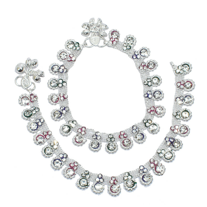Anklet Payal Silver Plated Mulicolor Stone Stylish Ankle Bracelet Barefoot Chain