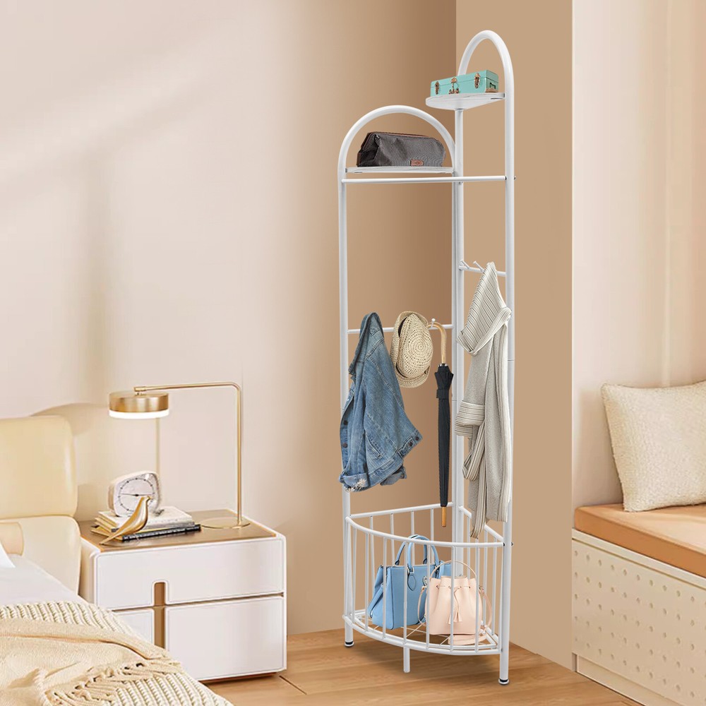 White Corner Coat Rack with Storage Basket for Hats and Accessories