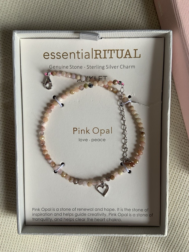 Genuine Pink Opal Anklet New With Sterling Silver Heart Charm