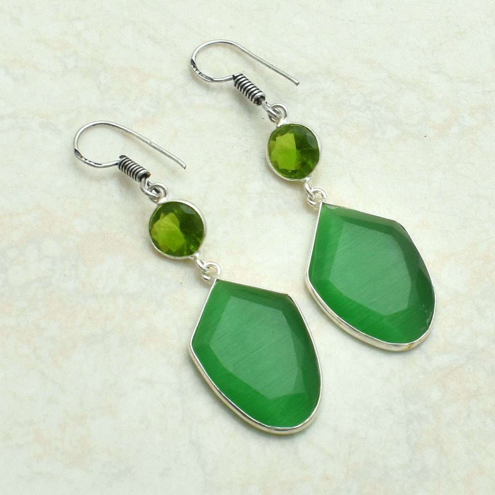 Cat Eye Peridot Gemstone Handmade Drop Dangle Earrings Jewelry 2.04
