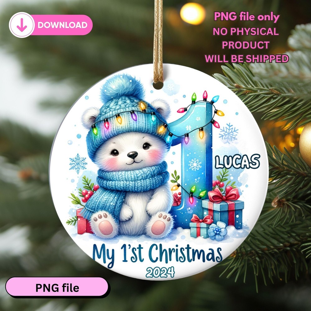 Babys First Christmas Png Cute Polar Bear Round Christmas Ornament Png Blue Boy
