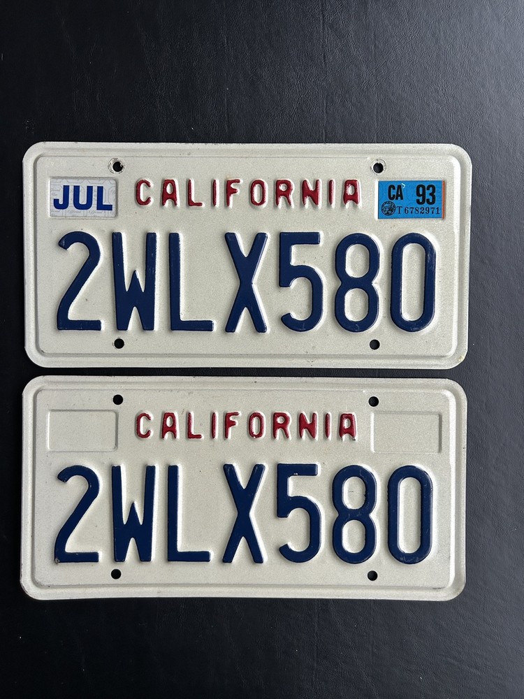 1993 California License Plate Pair 2WLX580 Block Letter Style