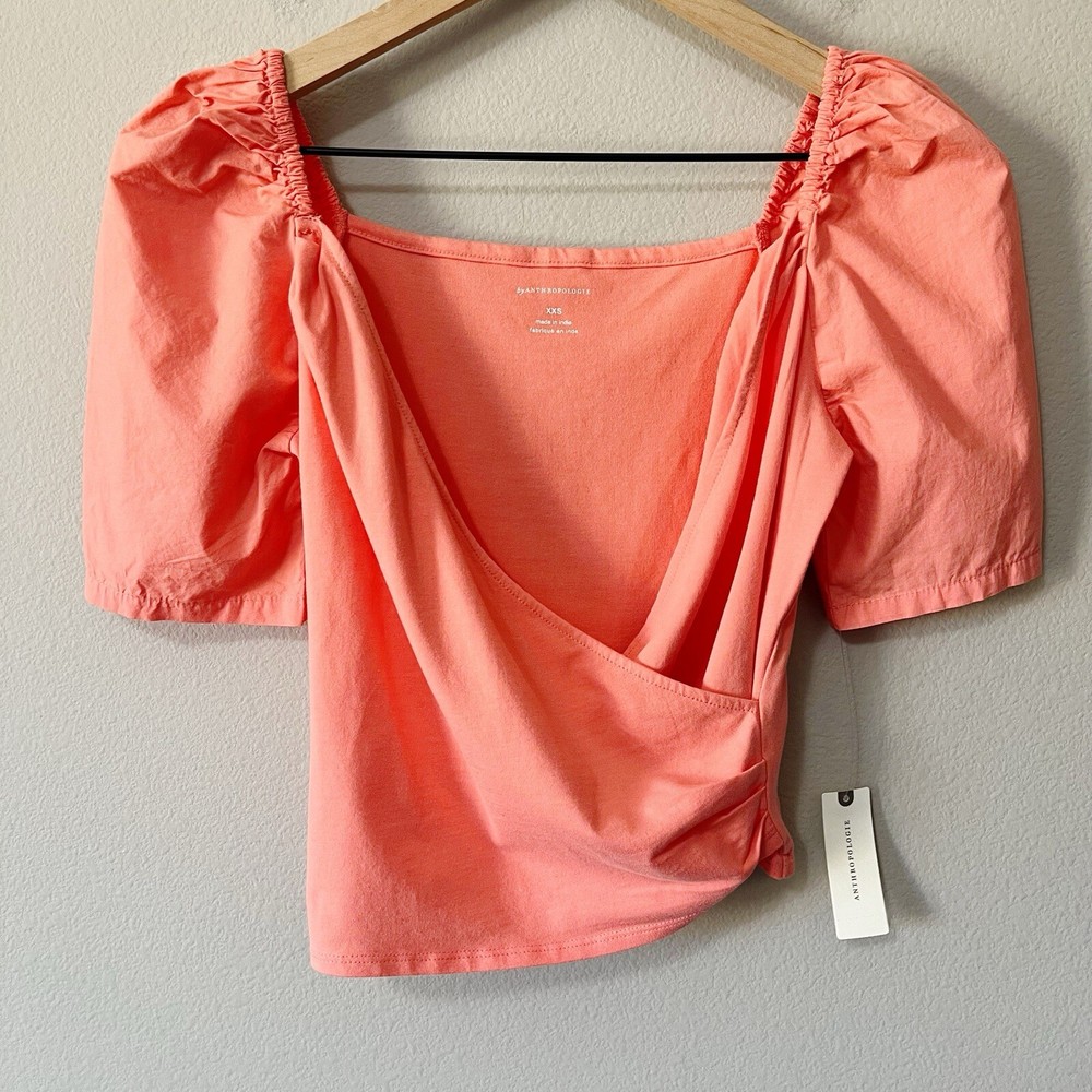 Anthropologie Half Puff-Sleeve Wrap Top Coral Pink Size XXS V-Neck NEW