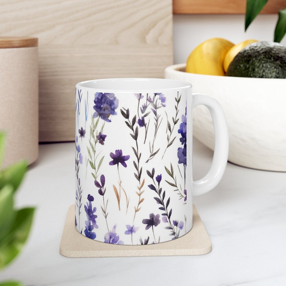 Lavender Wildflowers Ceramic Mug 11oz Handmade Floral Design