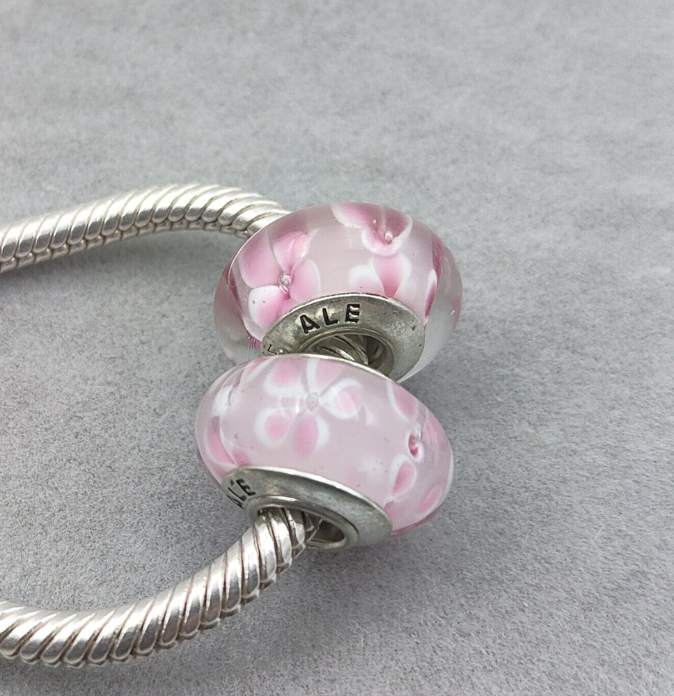 AUTHENTIC 2pcs 925 Sterling Silver Pink Flower Murano Glass Bead European Charm