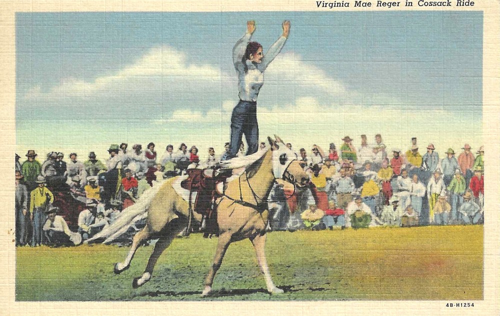 Cowgirl Virginia Mae Reger In Cossack Ride Horse Unposted Linen WB Postcard