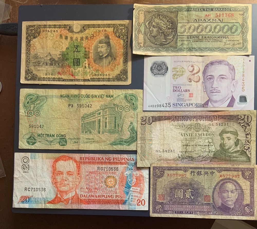 LOT OF 7 DIFFERENT NOTES, 7 DIFFERENT COUNTRIES, HEAVILY CIRCULATED
