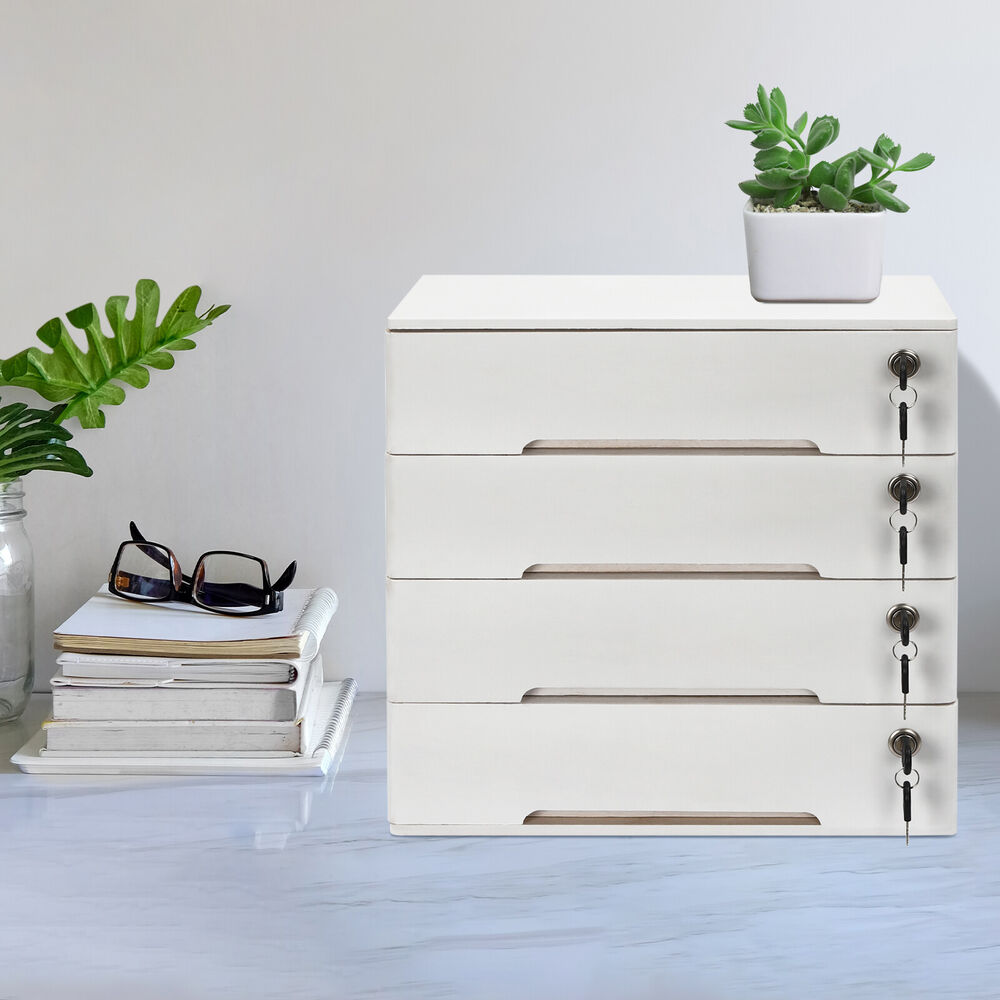 4-layer white wooden desktop storage box file cabinet with lockable drawers