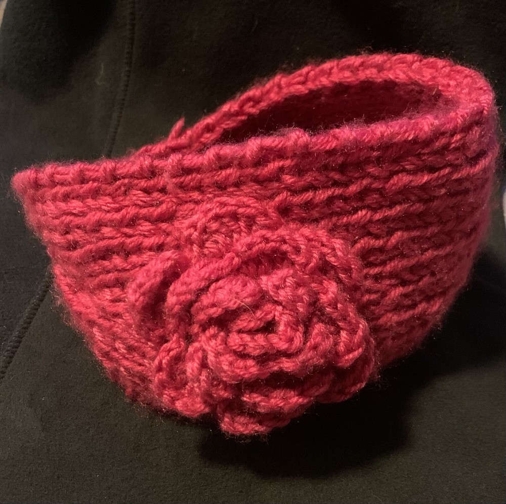 Pink Crochet Ear Warmer with Floral Bloom and Button Detail