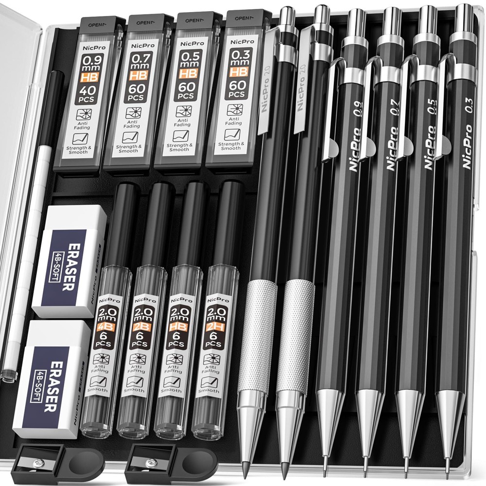 Nicpro 6 PCS Art Mechanical Pencil Set, Black Metal Drafting Pencil 0.3, 0.5,...
