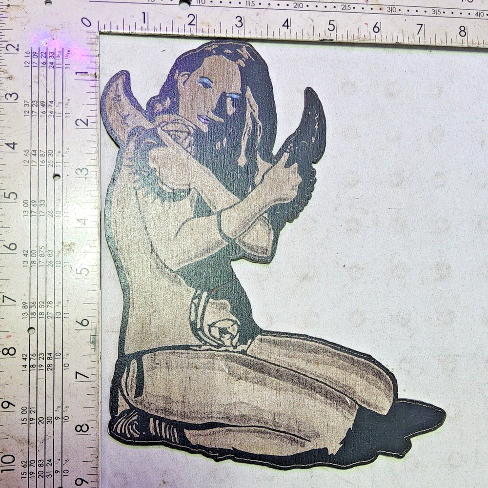 Laser engraved cut pinup with knives wooden digital art print magnet 9x8 by me