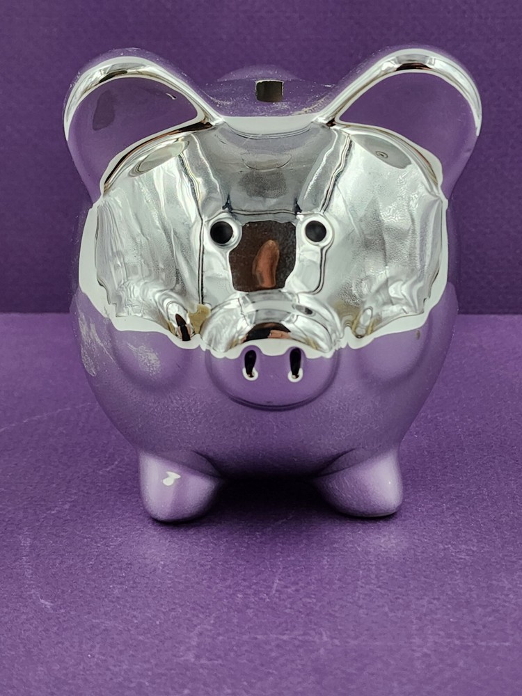 Silver Tone Metal Piggy Coin Bank 4x4