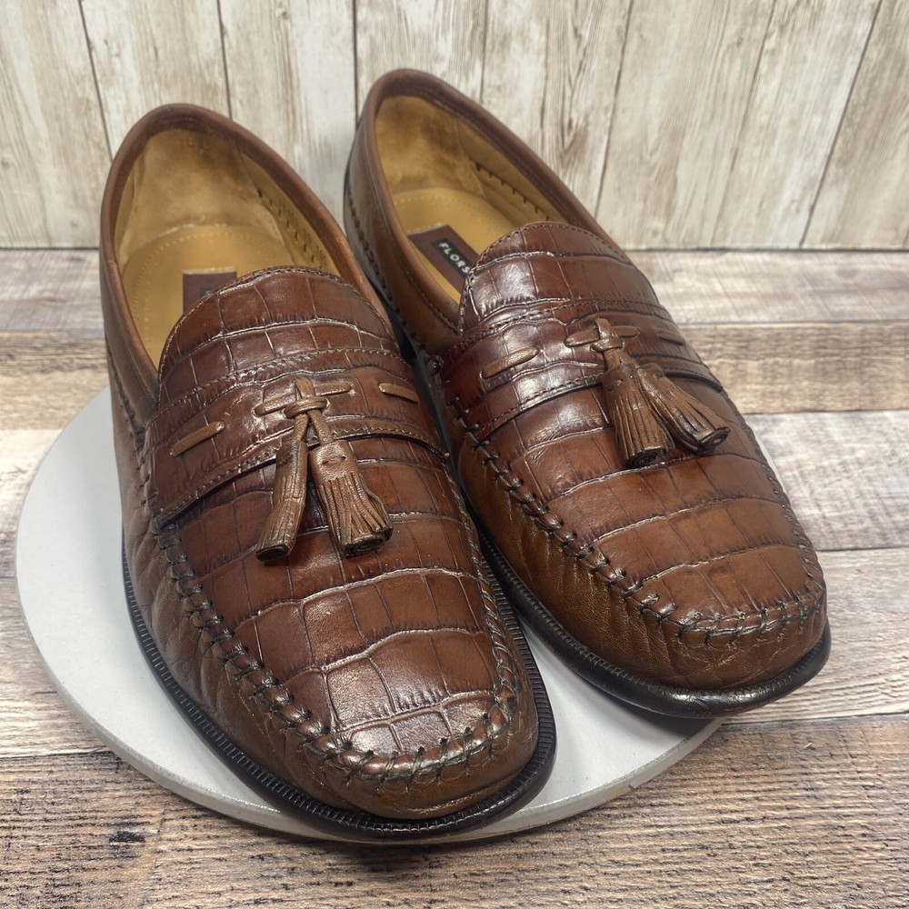 Florsheim Mens Brown Croc Embossed Leather Tassel Loafers Size 10 D Dress Shoes