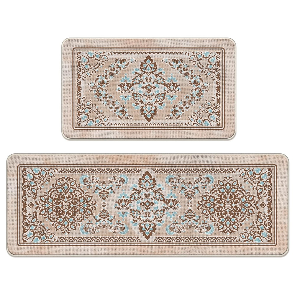 Boho Beige Floral Kitchen Rugs Set of 2 Non-Slip Bohemian Floor Mats for Home Decor