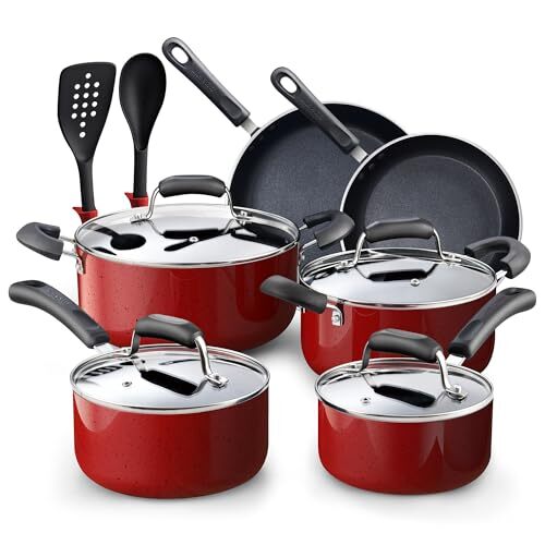 Pots and Pans Nonstick Cookware Set 12-Piece, 12 Piece Cookware Set Marble Red