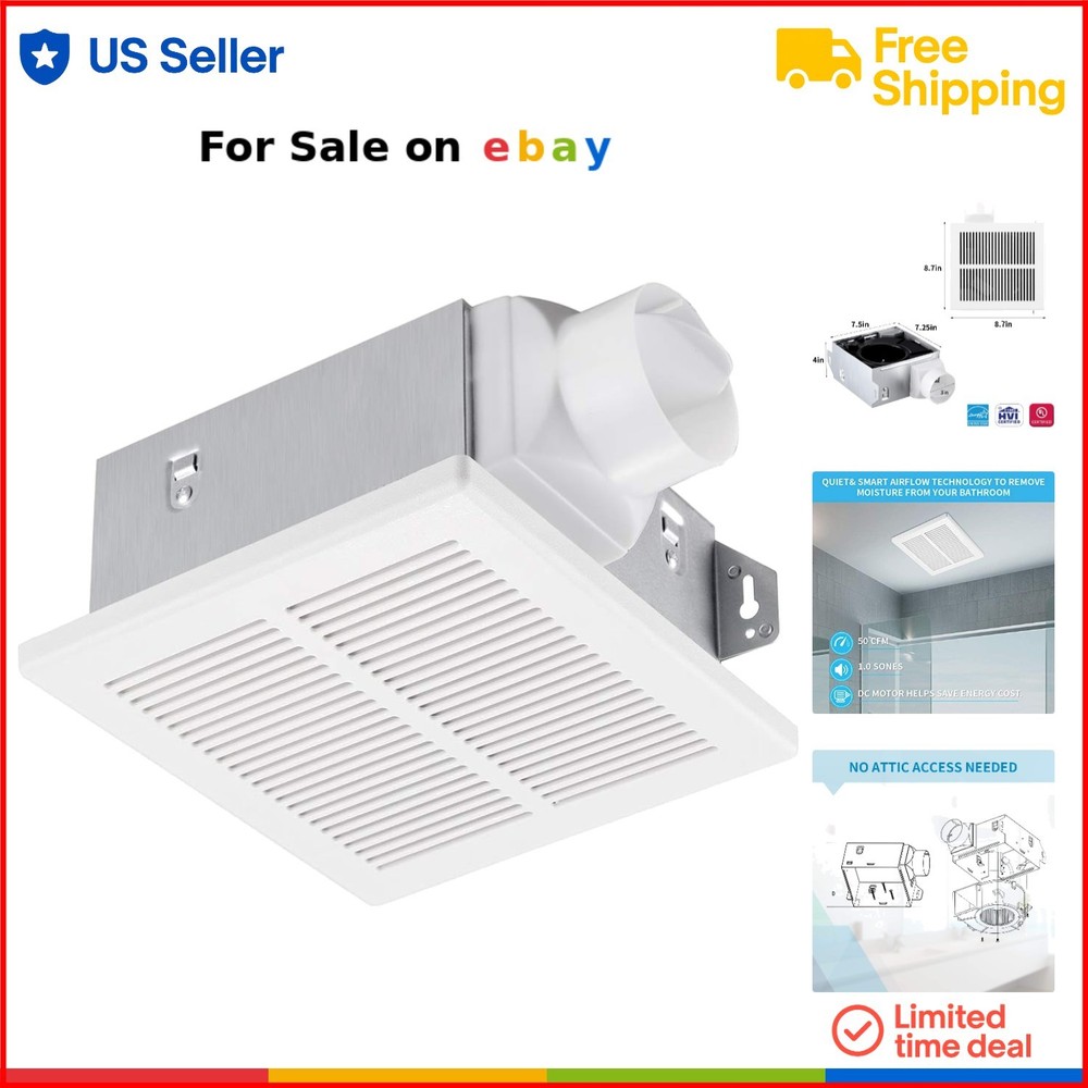 50 CFM Quiet Bathroom Exhaust Fan with DC Motor, Ceiling Mount in White