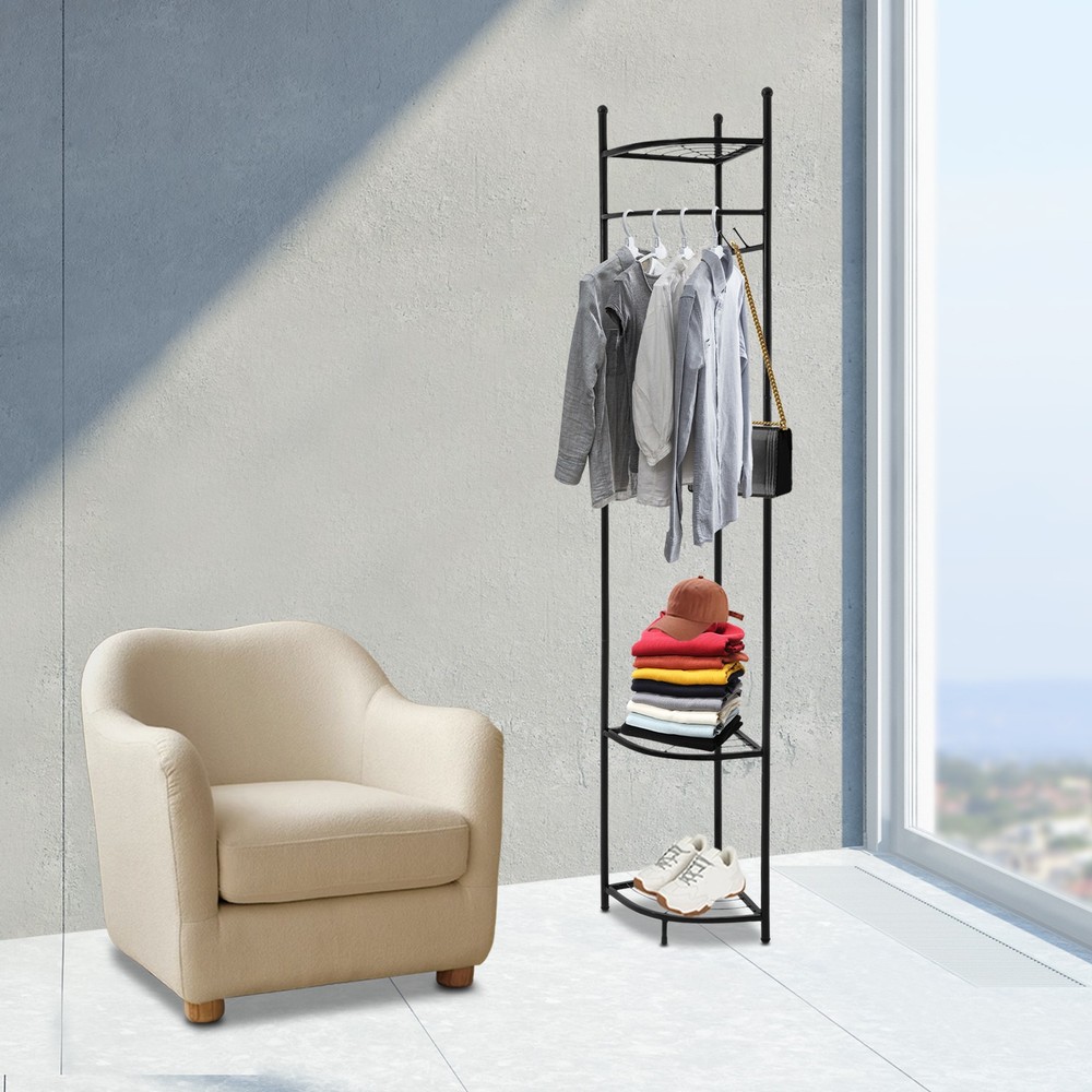Freestanding Coat Rack with 4 Hooks and 3 Shelves for Bedroom Storage