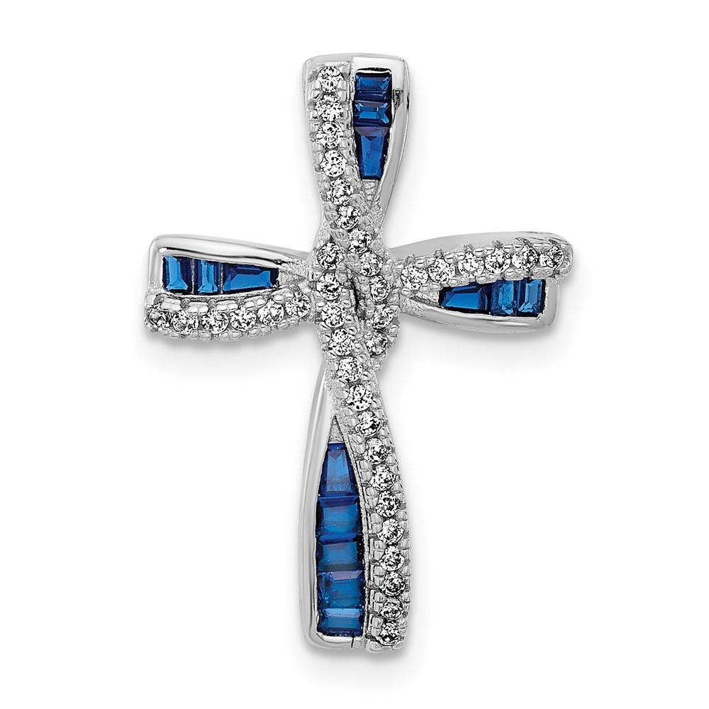 Sterling silver platinum-plated blue spinel and cubic zirconia cross pendant necklace