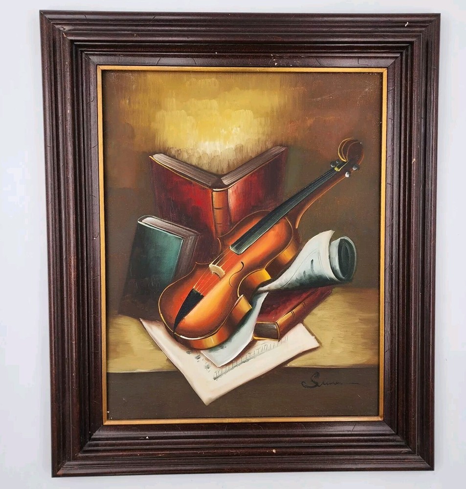 Painting Still Life Violin Books Original Art Signed Framed Canvas 22”x26