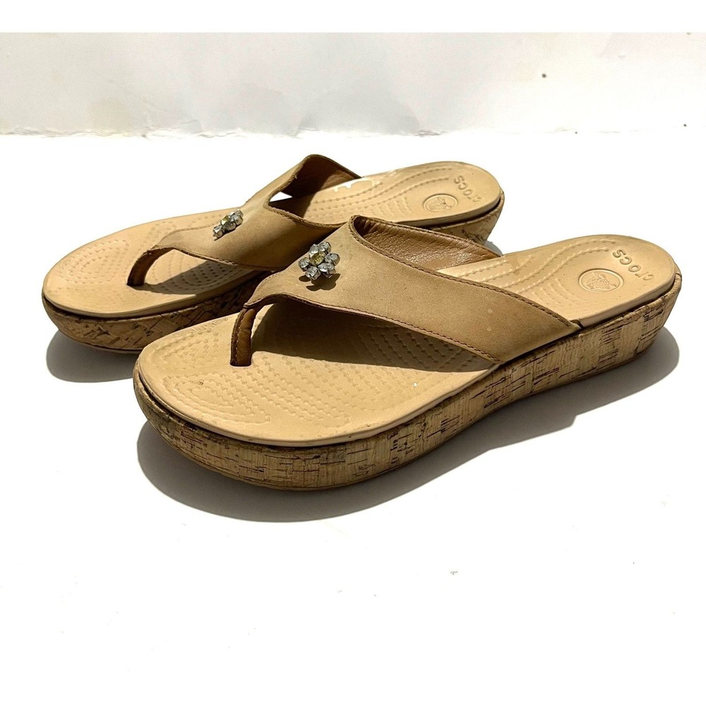 Crocs sandals slide on wedges comfort shoes beige Casual women's 9