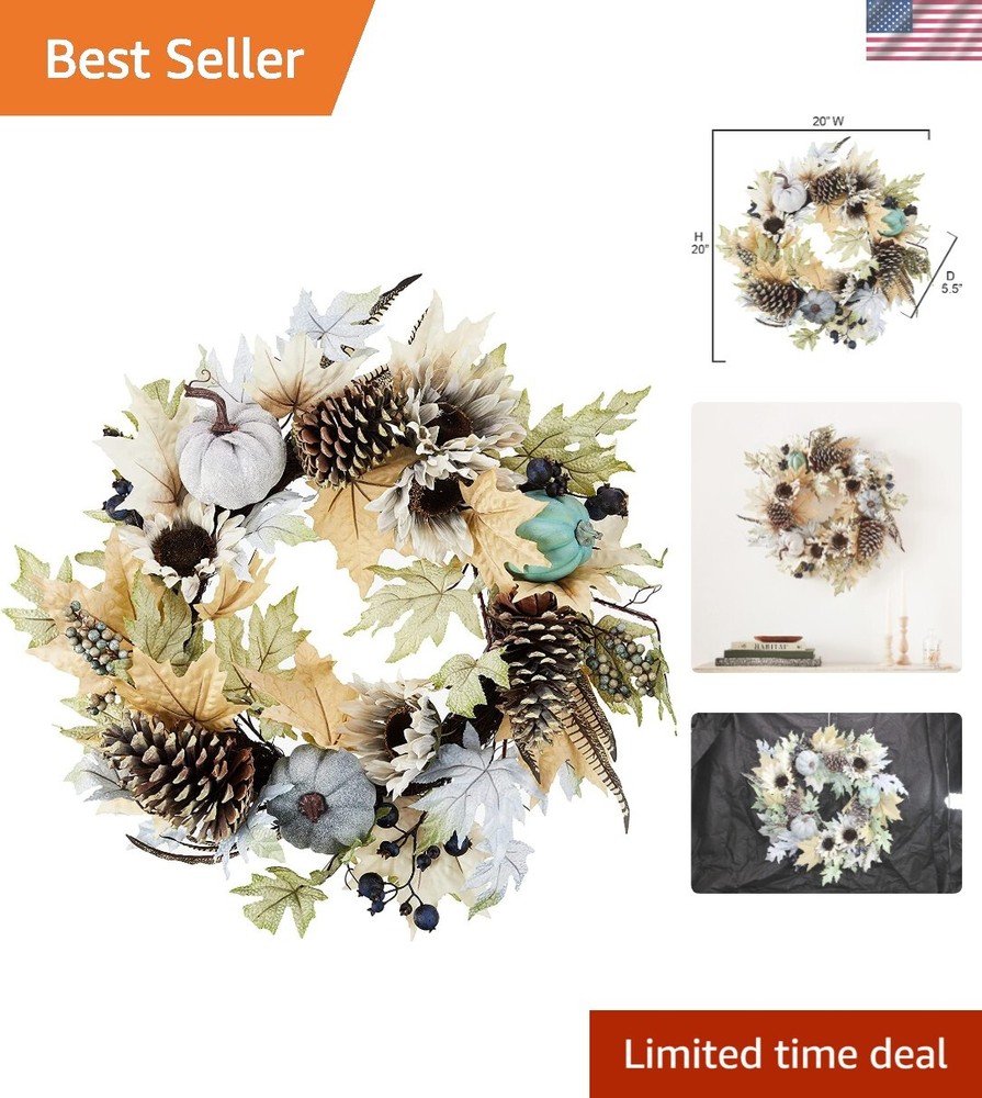 24 Inch Farmhouse Fall Wreath with Artificial Pumpkin and Sunflower Decor for Wall or Door  