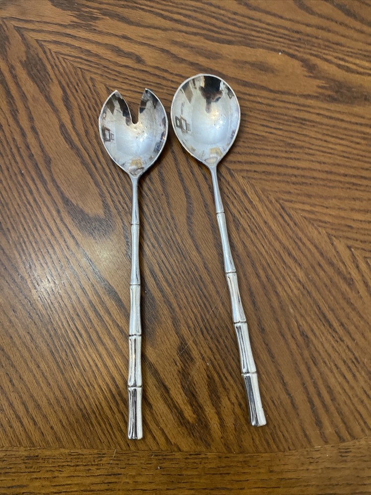 Silver Tone Bamboo Handle Salad Tosser Serving Spoon Fork Flatware Set Italy