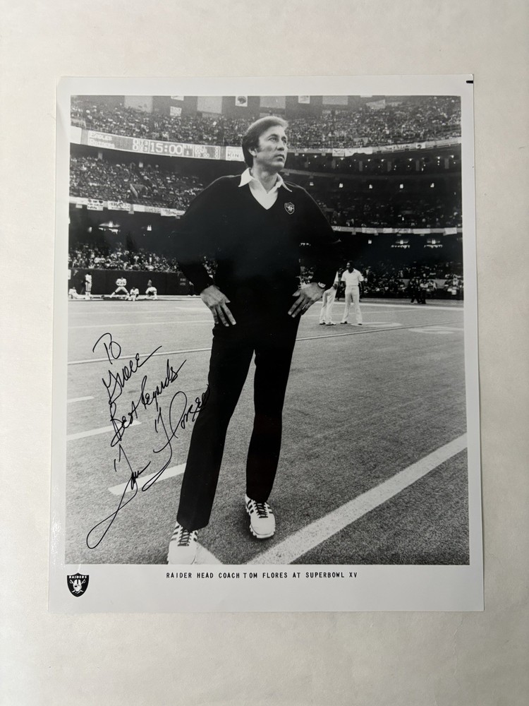 Tom Flores signed Raiders Super Bowl photo poster Seahawks game day pub lot