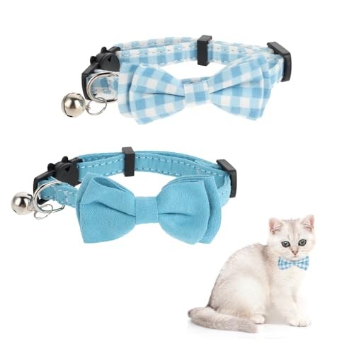 2Pcs Breakaway Cat Collars with Bow Bell for Boy Cats in Blue