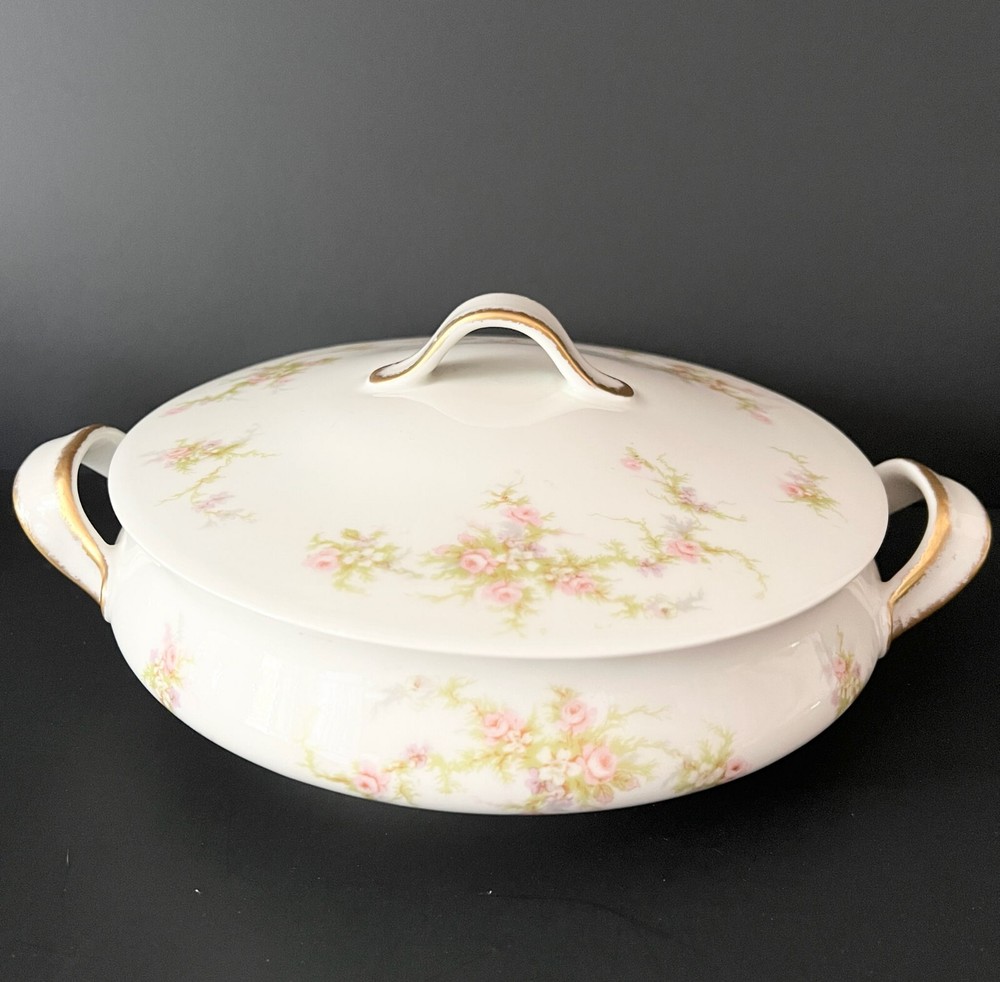 Antique Haviland Limoges Covered Serving Vegetable Dish Roses Gold Trim 11 inchs