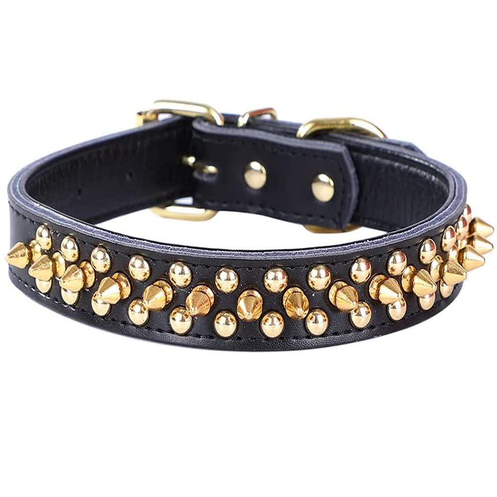 Adjustable Genuine Leather Studded Dog Collar for Small Medium Large Breeds  