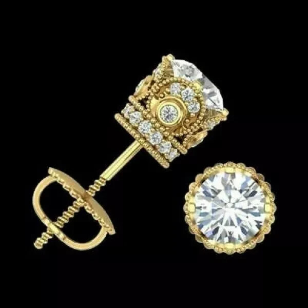4Ct Lab Created Diamond Solitaire Stud Screw Back Earrings 14K Yellow Gold Over