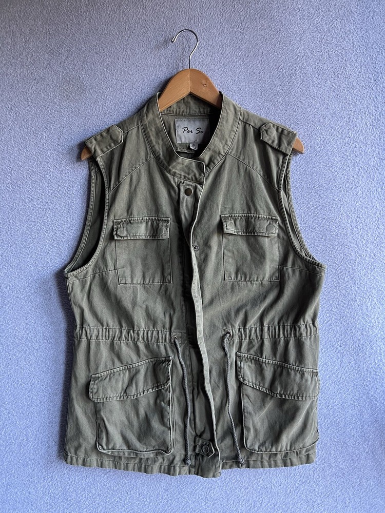 Per Se Womens XL Cargo Vest Sleeveless Jacket Utility Safari Full Zip Twill NWT