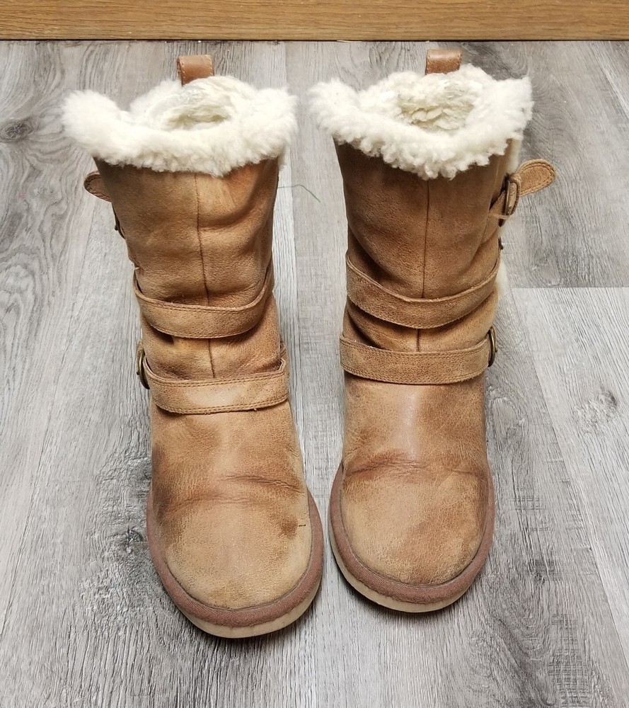 UGG Women's Becket Chestnut Brown Leather Boots Size 5 Triple Buckle 1005380