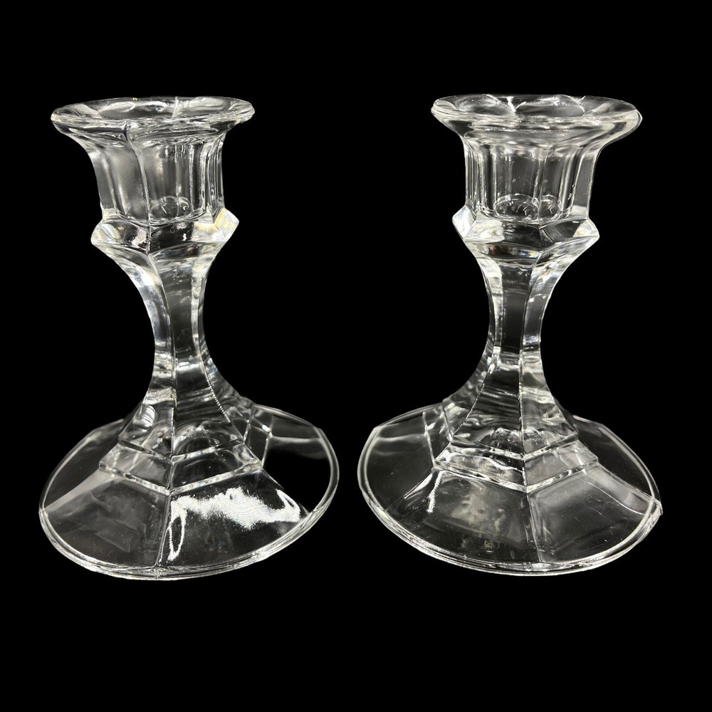 Vintage Clear Glass Taper Candle Holders 4 Inch Tablescape Pair