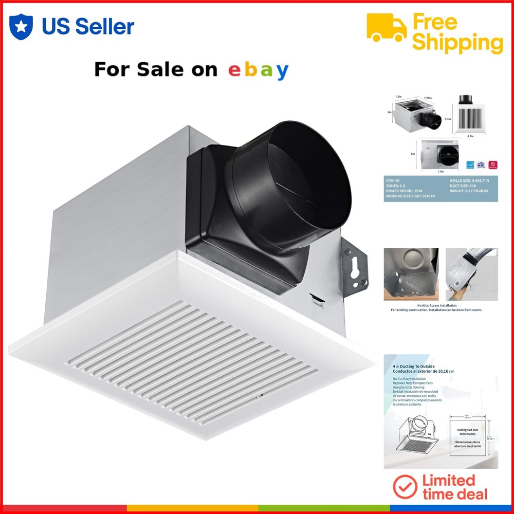 80 CFM Quiet Bathroom Exhaust Fan 1.5 Sone Energy Star Ceiling Mount