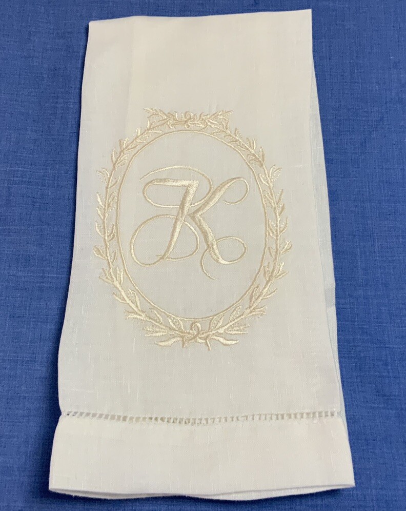 Guest Towel or Tea Towel, Linen, K Embroidery, Scrolls, White, By Mudpie