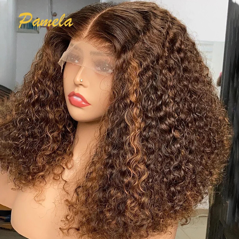 Blonde Curly Transparent Lace Front Wig Human Hair Glueless Remy Highlight