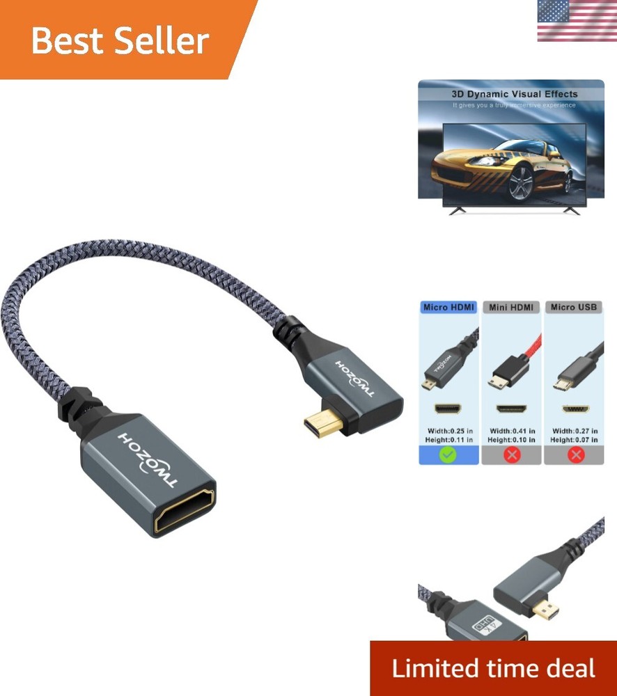 90-Degree Left-Angle Micro HDMI to HDMI Adapter Nylon Braided Cable