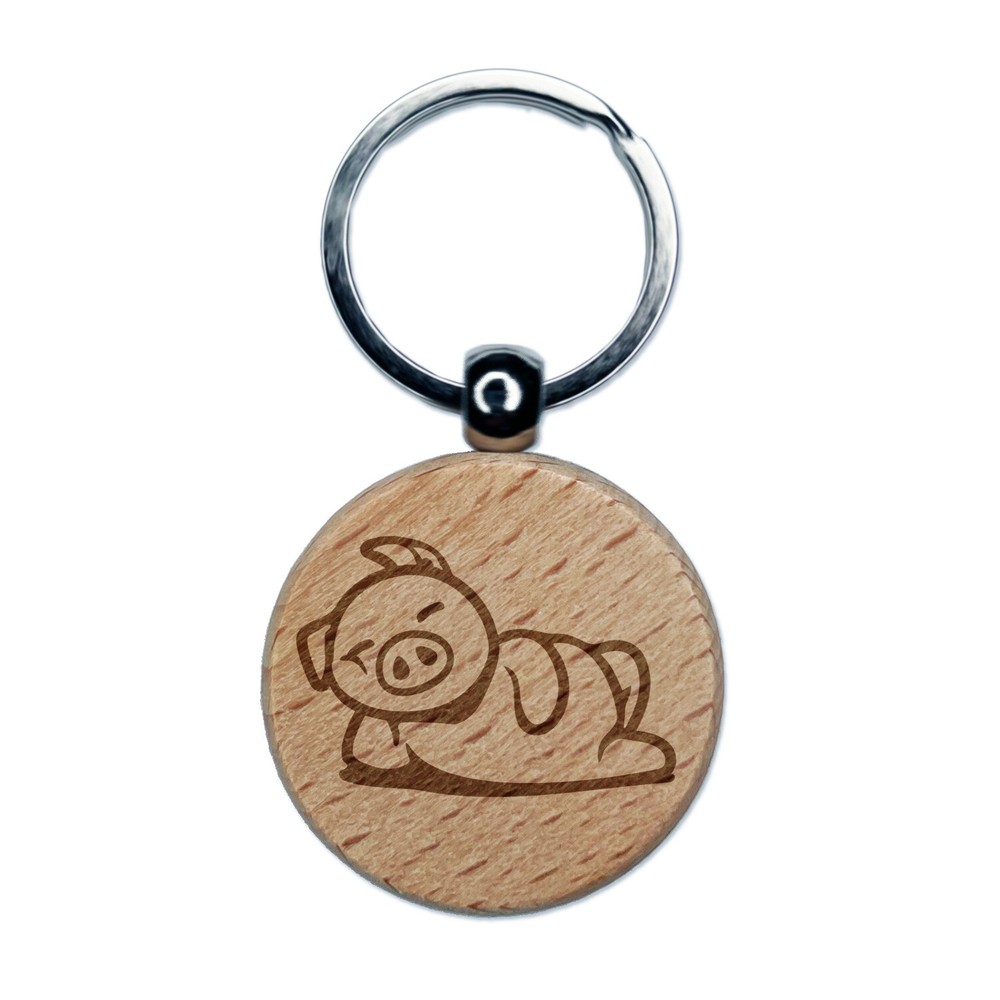 Lazy Pig Lounging Engraved Wood Round Keychain Tag Charm