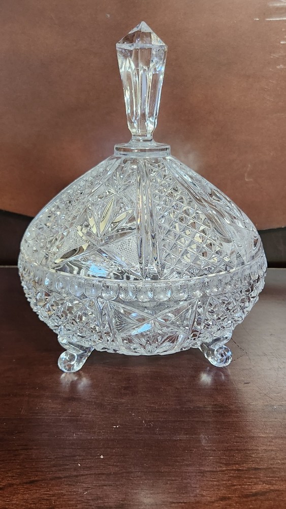 Vintage MCM Round Lead Crystal Lidded Candy Dish with 3 Footed Base  