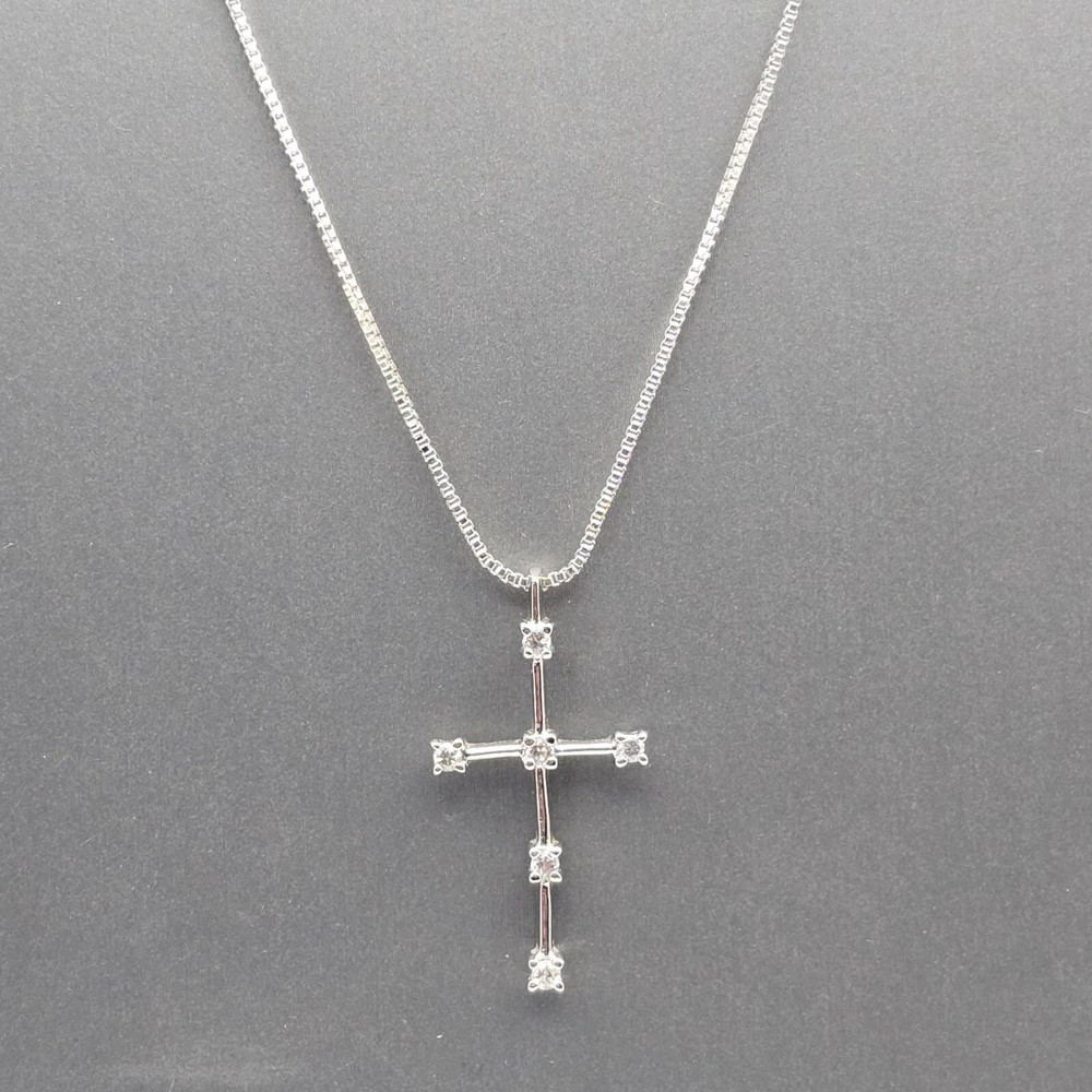 Sterling Silver Cross Pendant Necklace 24 Inch with Lab CZ Stones