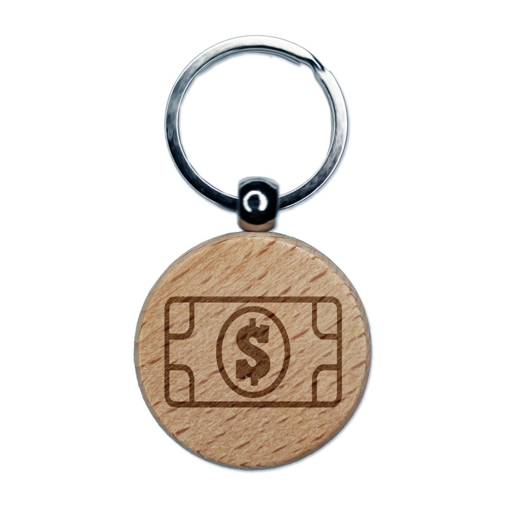 Money Cash Bills Engraved Wood Round Keychain Tag Charm