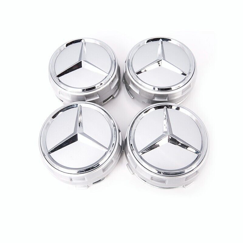 MERCEDES RAISED Silver  CENTER CAP W/ CHROME STAR OEM 4 SET GENUINE